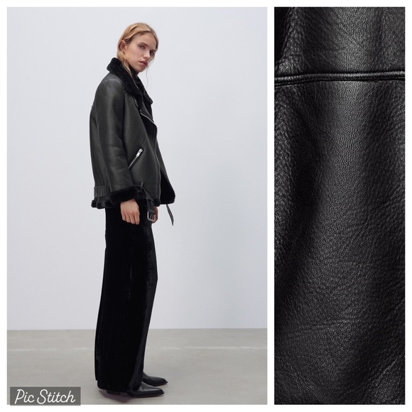 Zara Black Faux Leather Shearling Biker Jacket - Picture 4 of 12